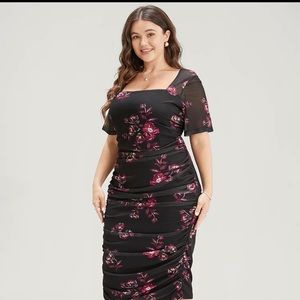 Black and Red Floral Dress with side ruching